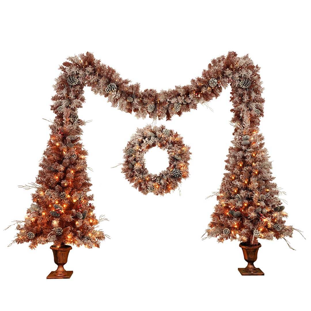 Christmas 4-Piece Set, Garland, Wreath and 2 Entrance Trees, Brown