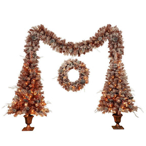 Christmas 4-Piece Set, Garland, Wreath and 2 Entrance Trees, Brown