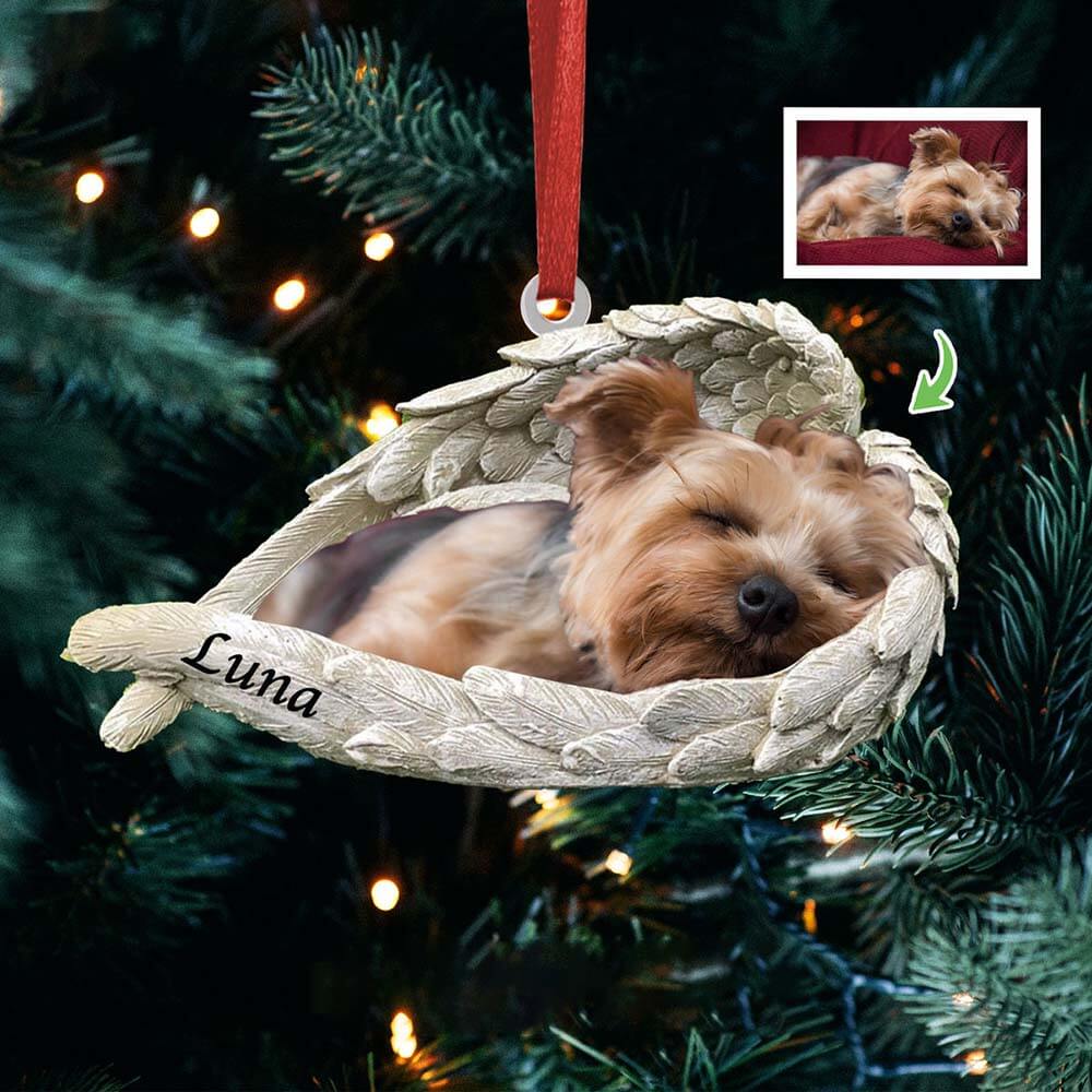 Pet Acrylic Ornament - Pet Lover Gifts - Sleeping Pet Within Angel Wings - Custom Ornament from Photo